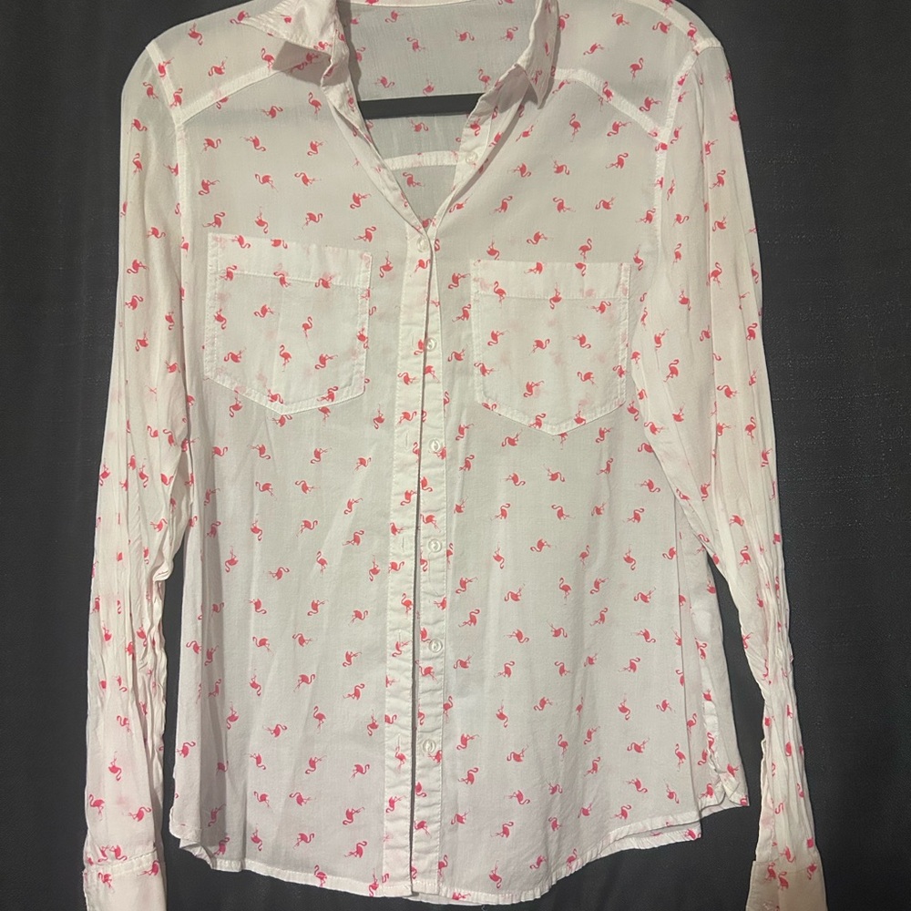 Maurices White and Pink Long Sleeve Button Down Shirt with Notched Collar